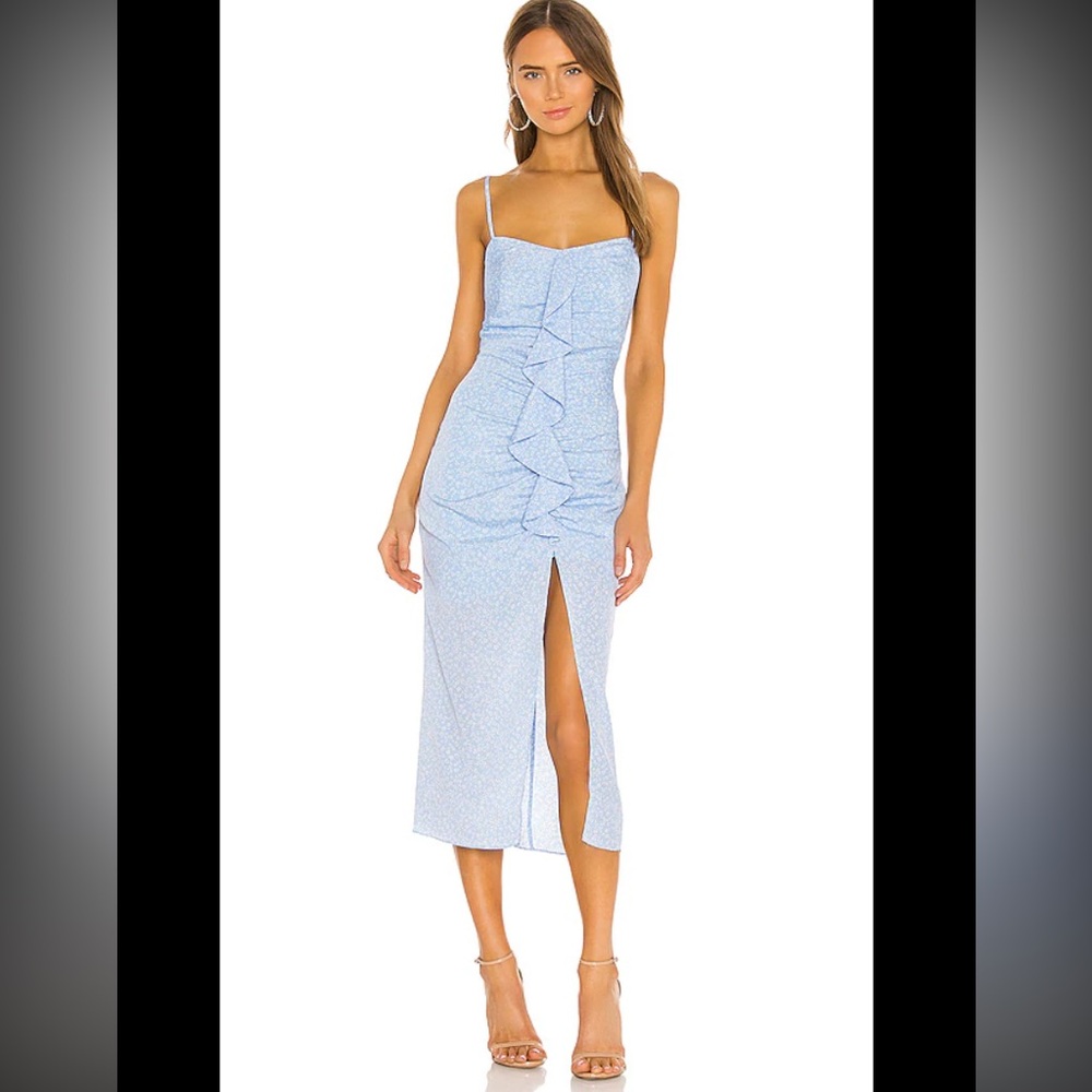 LIKELY Revolve Sallie light blue floral ruffle midi dress summer chic beach